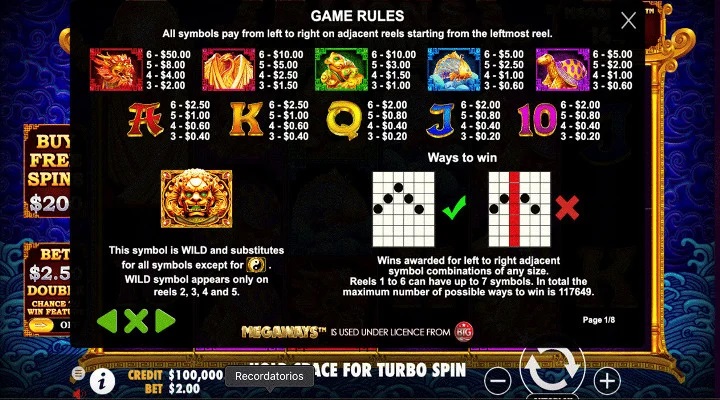 Pantalla de las reglas del juego de 5 Lions Megaways